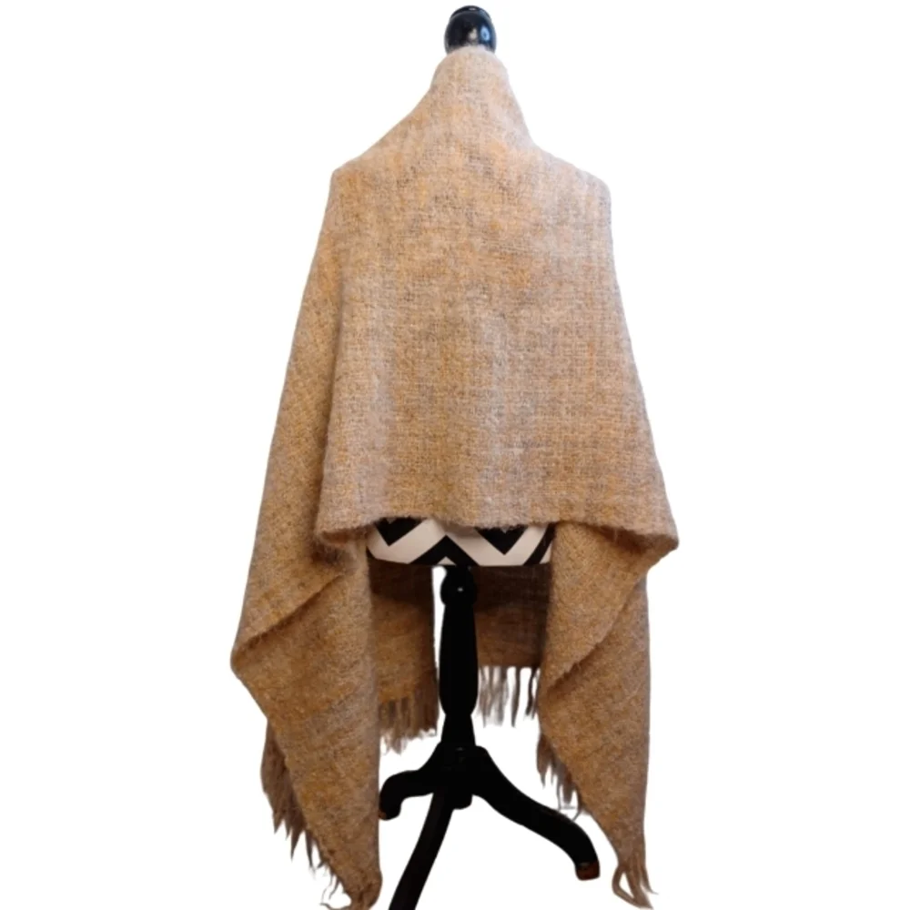 Earthy Natural Beige Hand Woven Mohair Wool Blend Fringe Wrap Shawl